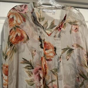 Susan Graver Women Blouse Top XL Floral Chiffon Pintuck Long Sleeve Pullover